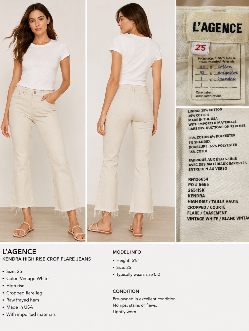 L'AGENCE Kendra High Rise Cropped Flare Jeans Sz 25 Vintage White Off Raw Hem